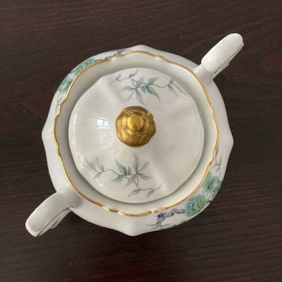 Mitterteich Bavaria Green Ming Gold Trim Sugar Bowl With Lid - Picture 2 of 8